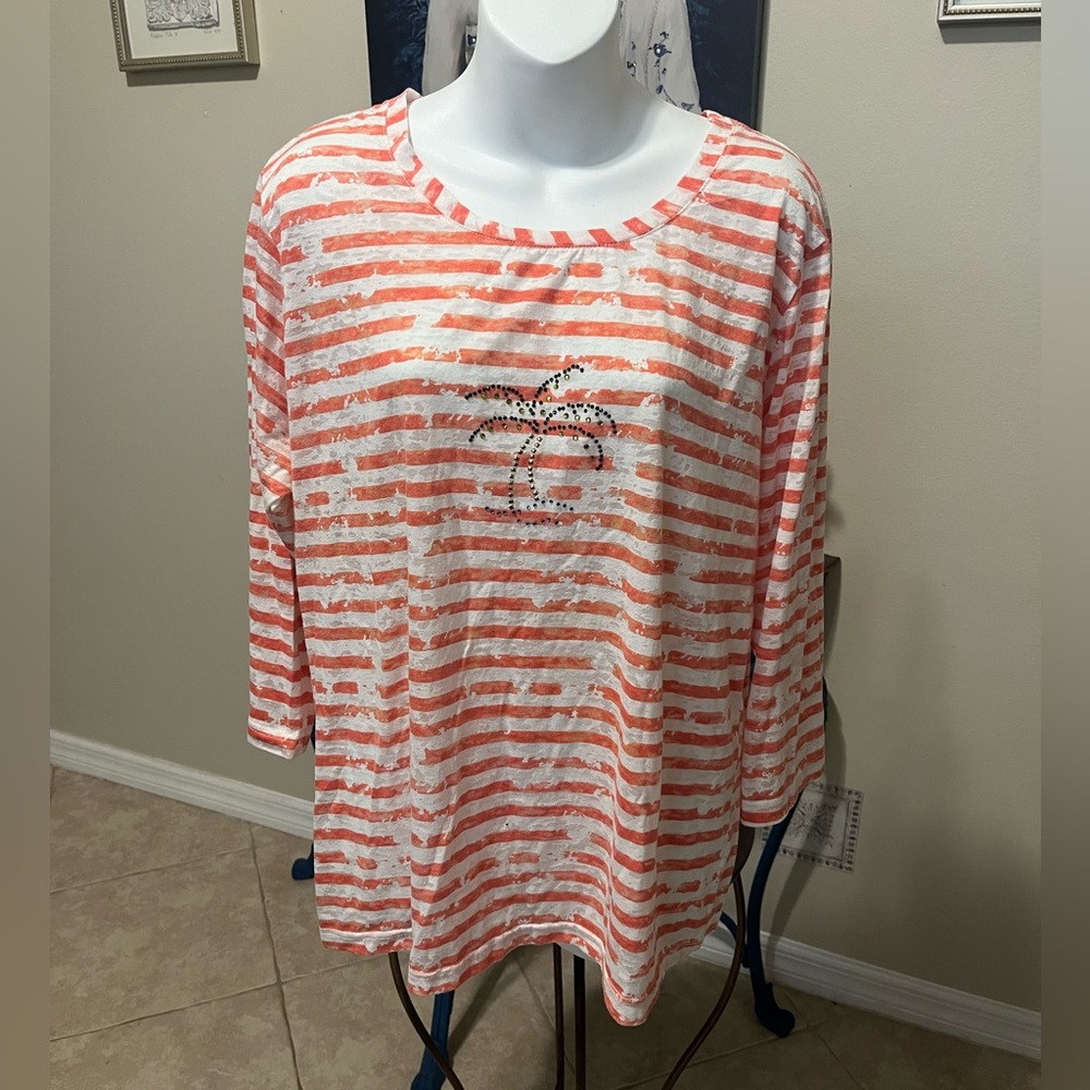 Palm Harbour Striped Rhinestone Palm Tree 3/4 Sleeve Top - 1X